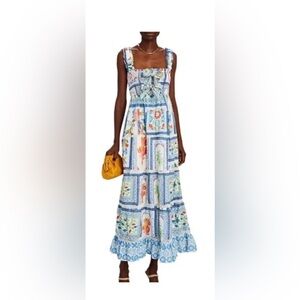 FARM Rio Tropical Tiles Smocked Maxi Dress Boho Floral Size M